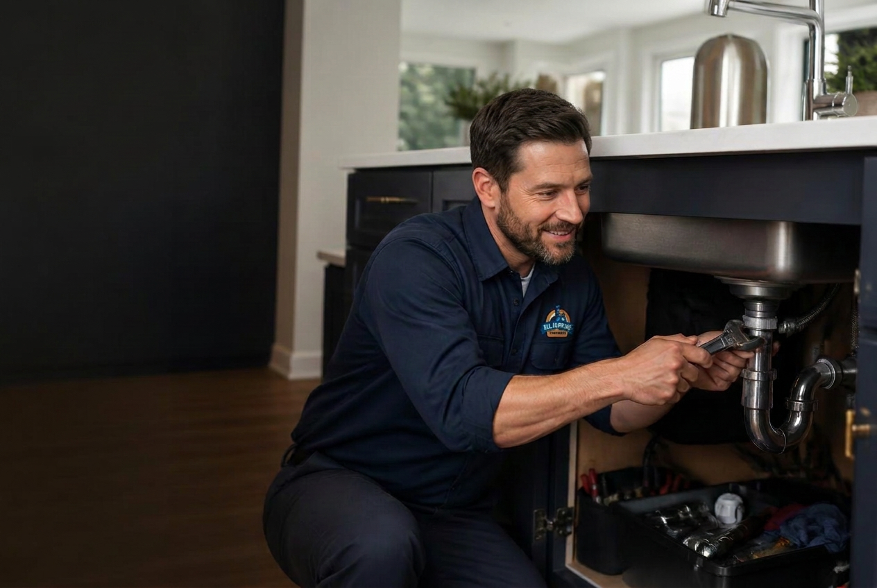 Professional plumber repairing pipes under a kitchen sink