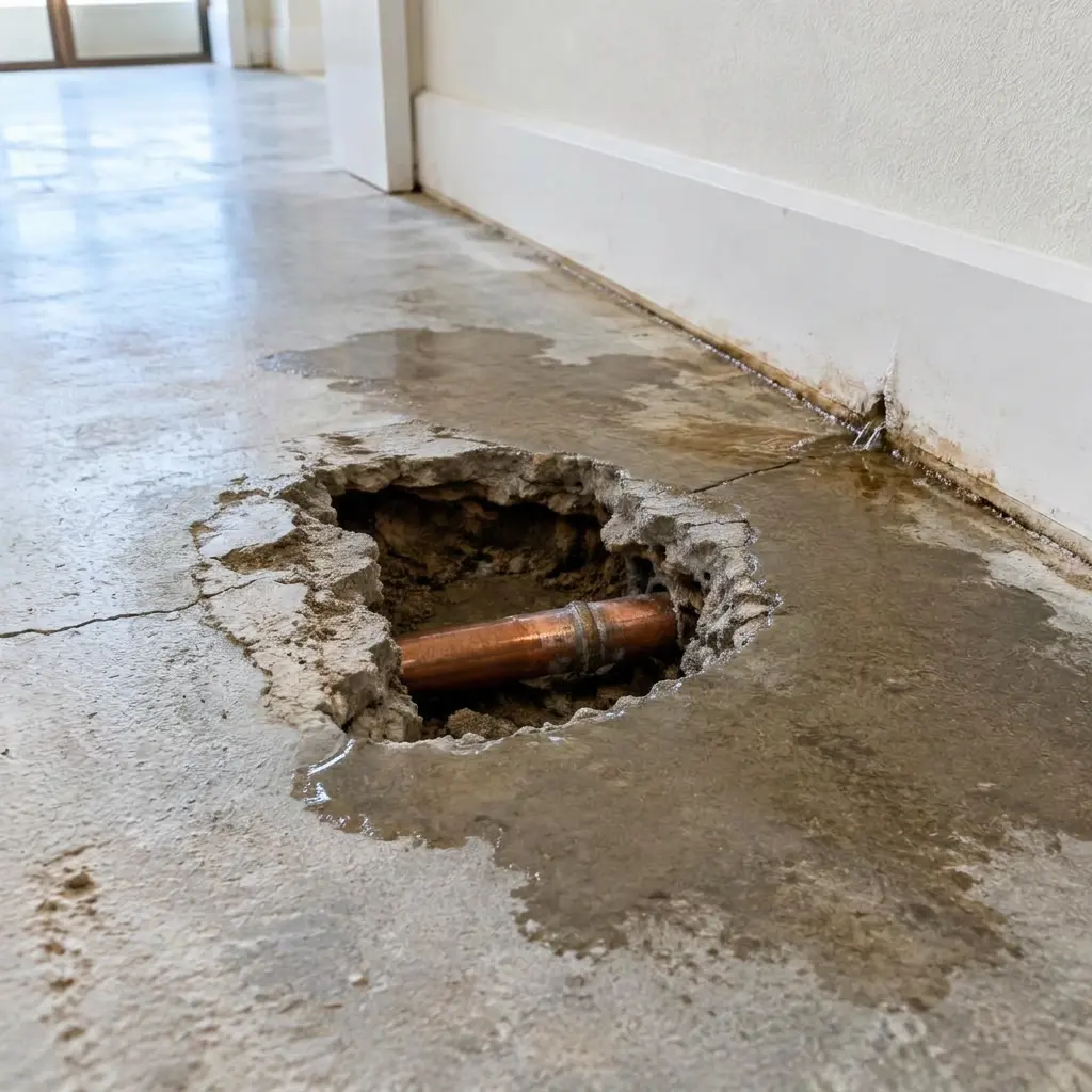 Slab leak with water seeping from a cracked concrete floor around an exposed copper pipe