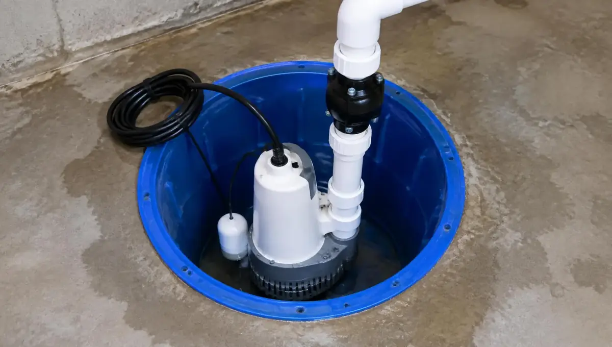 Submersible sump pump installed in a blue sump basin with PVC discharge pipe and check valve