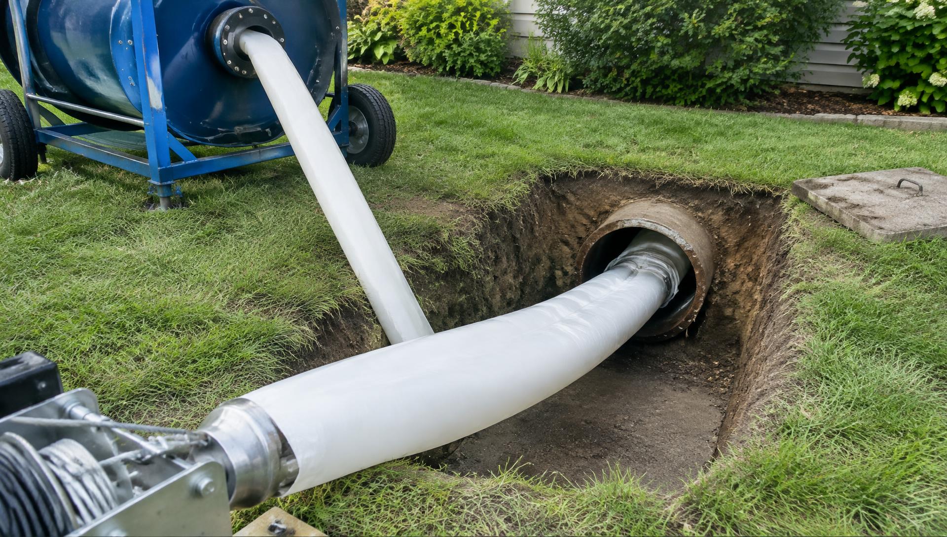 Cured-in-place pipe liner being installed into a sewer line through a small access pit
