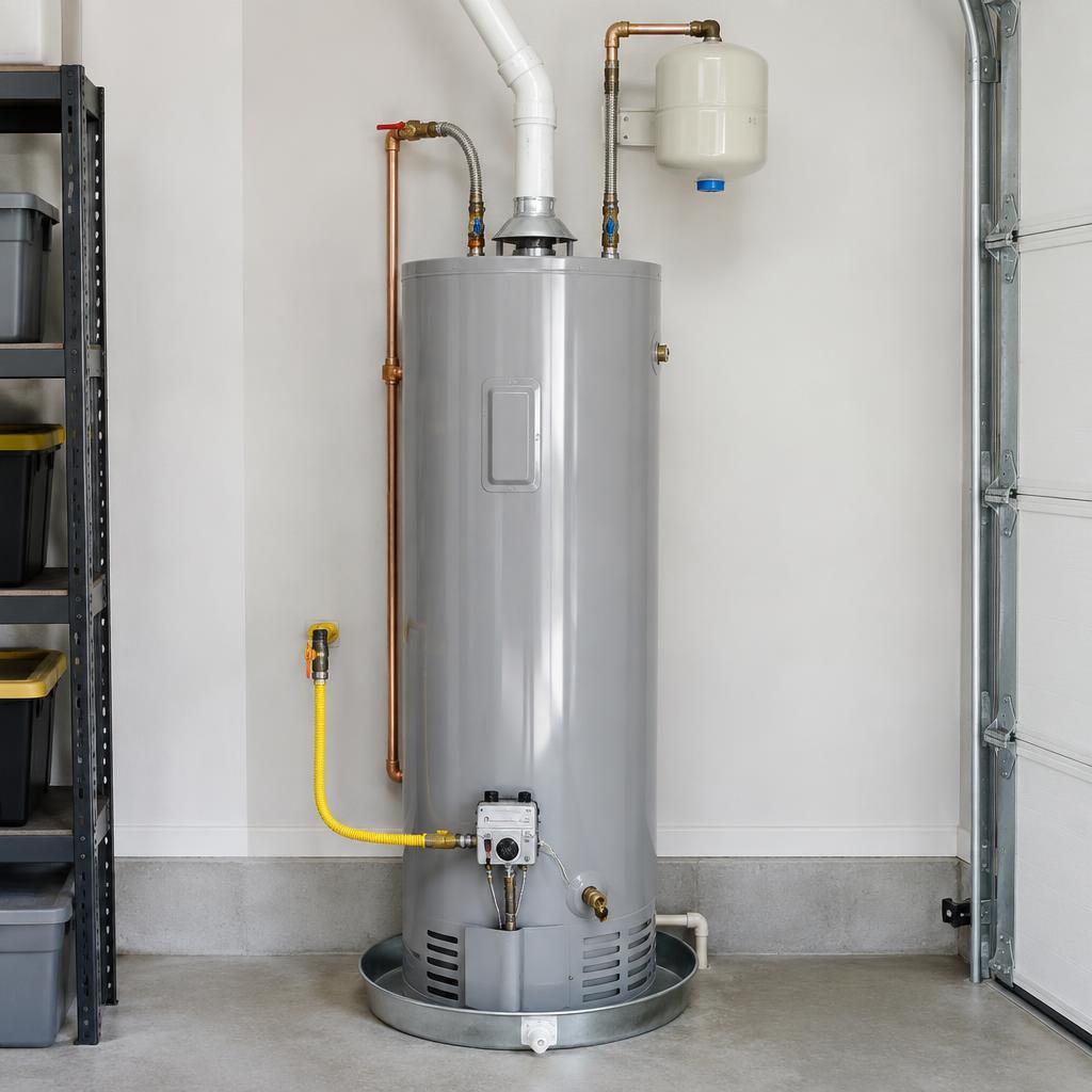 Newly installed tank water heater with copper supply lines, expansion tank, gas connection, and drain pan