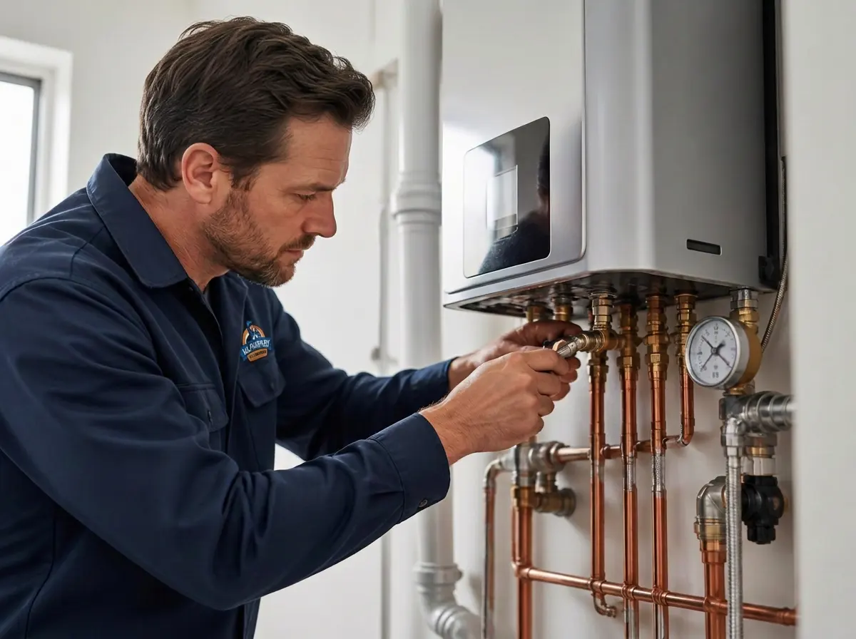 Plumber servicing a modern tankless water heater