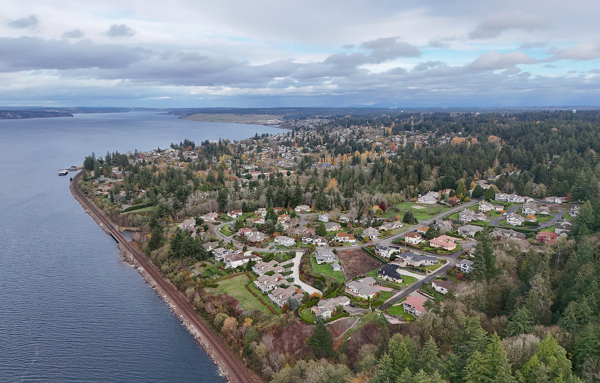 Aerial view of Steilacoom, Washington on the Puget Sound shoreline